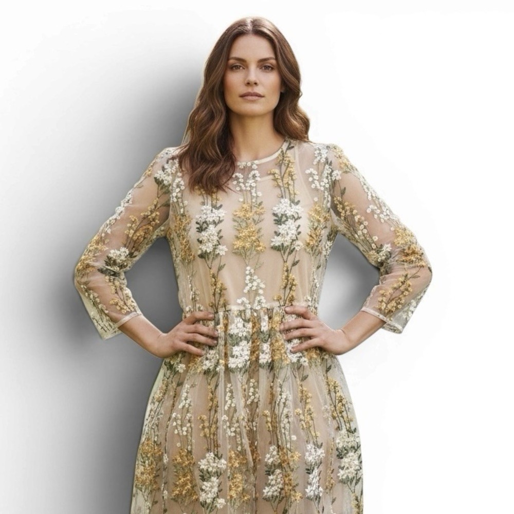 Vtg Metisu Embroidered Dress Sz XL Beige Floral Fairy Cottage Core Boho Feminine - Picture 3 of 16